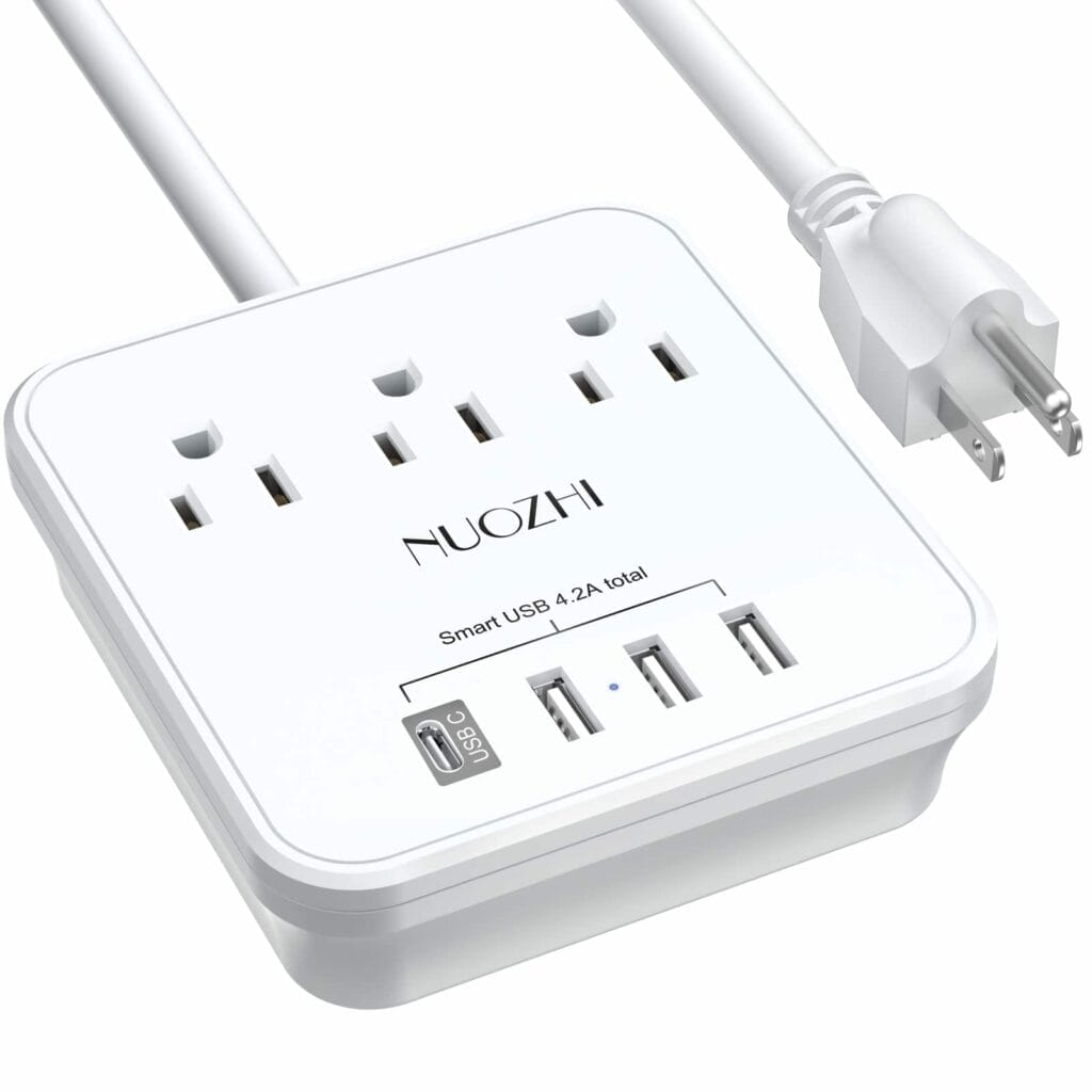 A white power strip with four usb ports.
