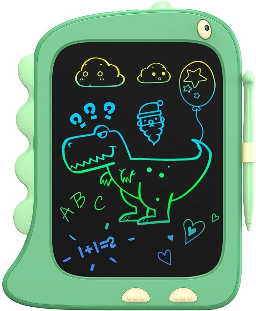 A green tablet with a dinosaur drawing on it, perfect for kids who love magnetic tiles.