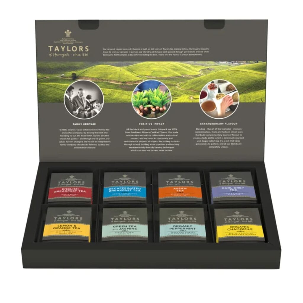 Taylor's tea gift box includes a selection of Peach Street teas and an Electric Kettle.