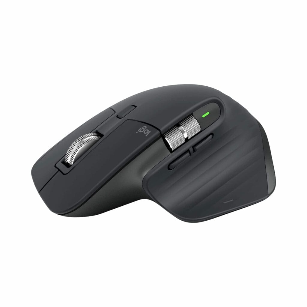 A black Logitech computer mouse with a green light.