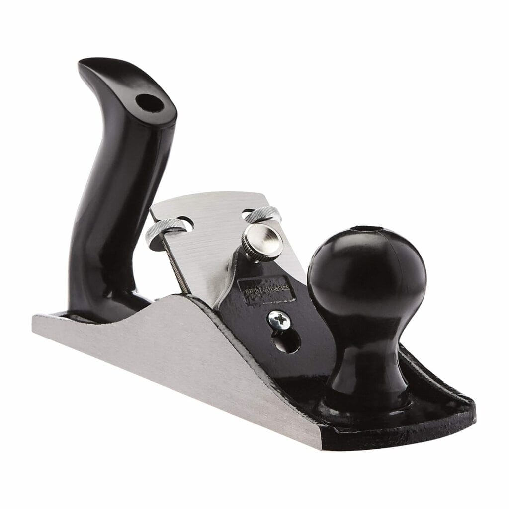 An Amazon Basics hand plane with a black handle on a white background.
