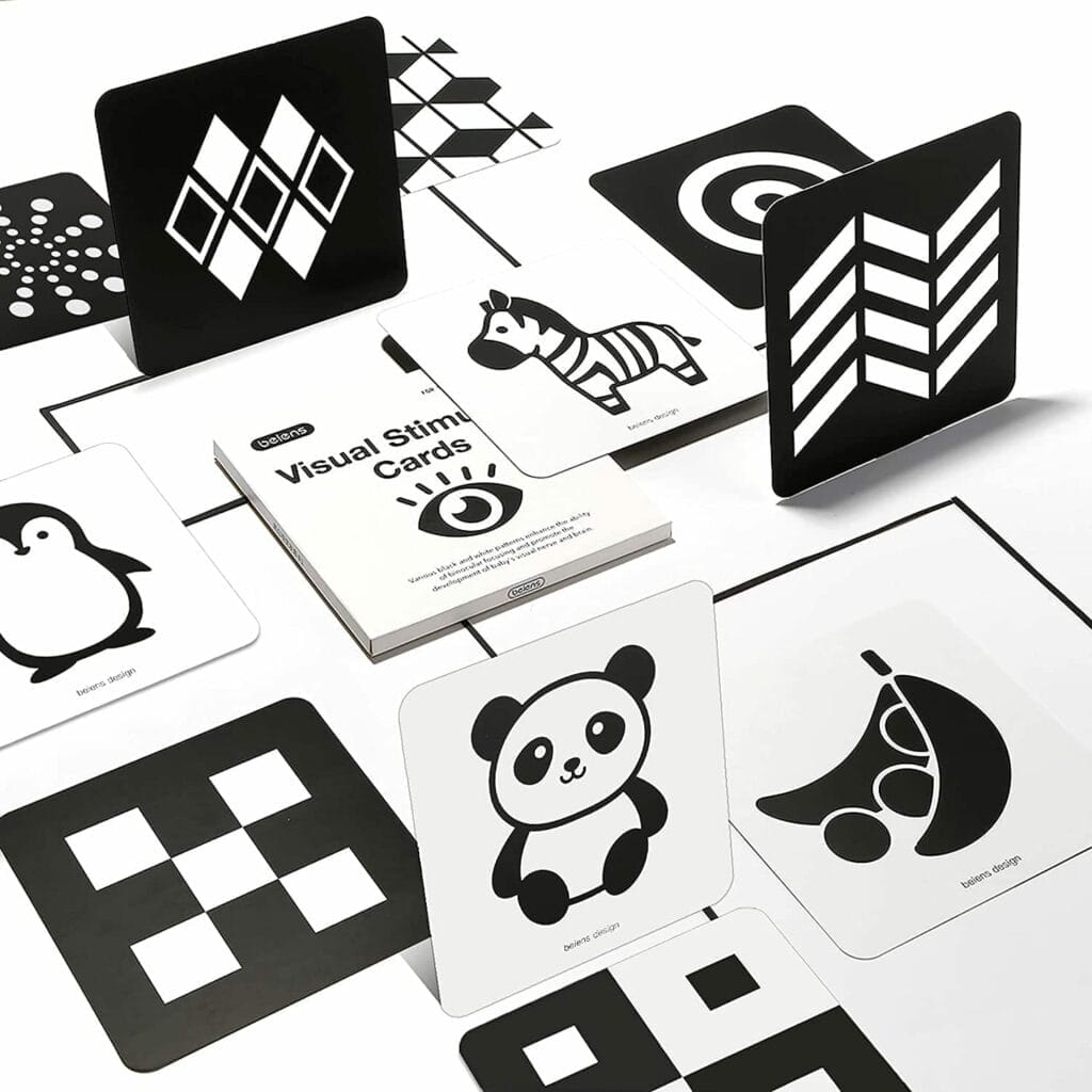 A set of **Beiens** black and white **Baby Flashcards** with a panda and a penguin.
