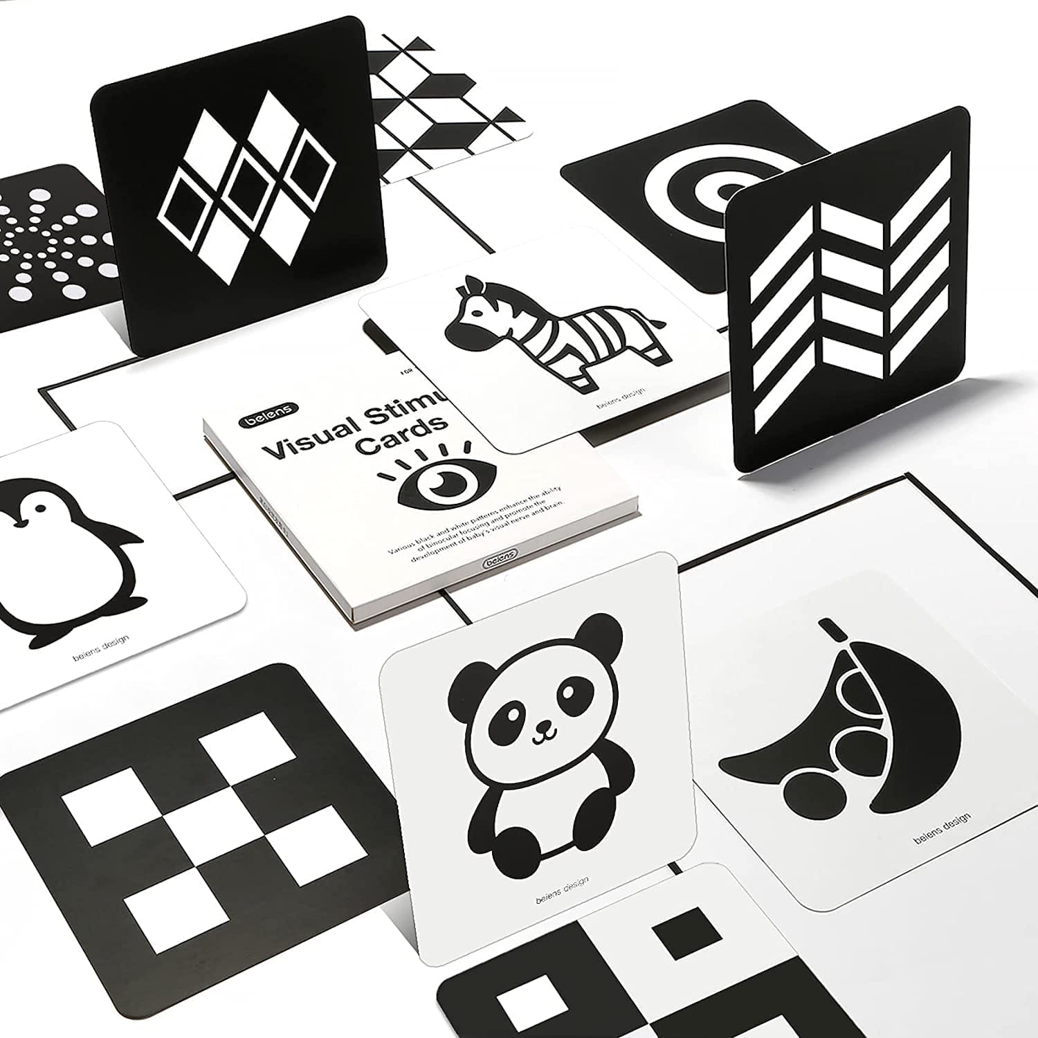 A set of **Beiens** black and white **Baby Flashcards** with a panda and a penguin.