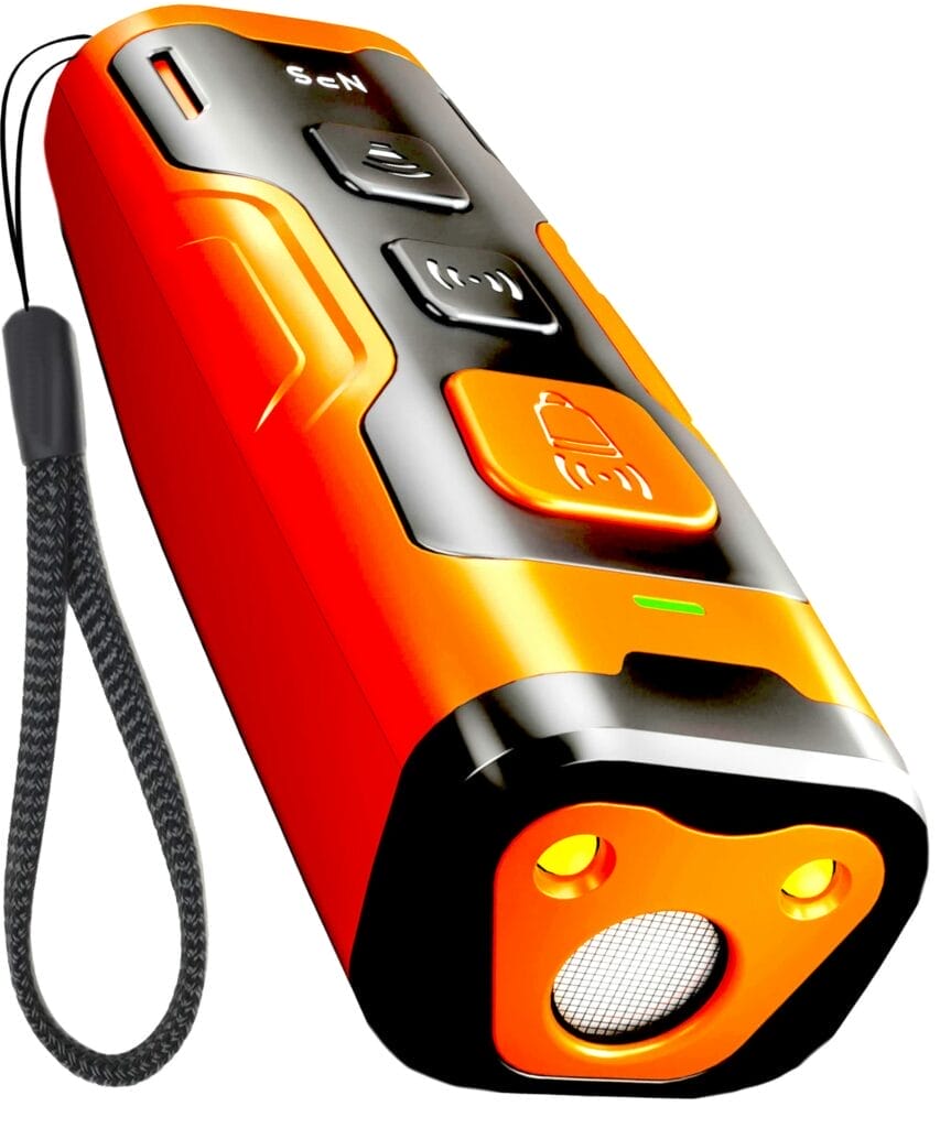 An orange and black flashlight with a lanyard designed as a Dog Bark Deterrent.