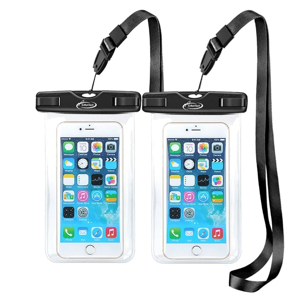 A pair of AiRunTech waterproof cell phone pouches with a lanyard.
