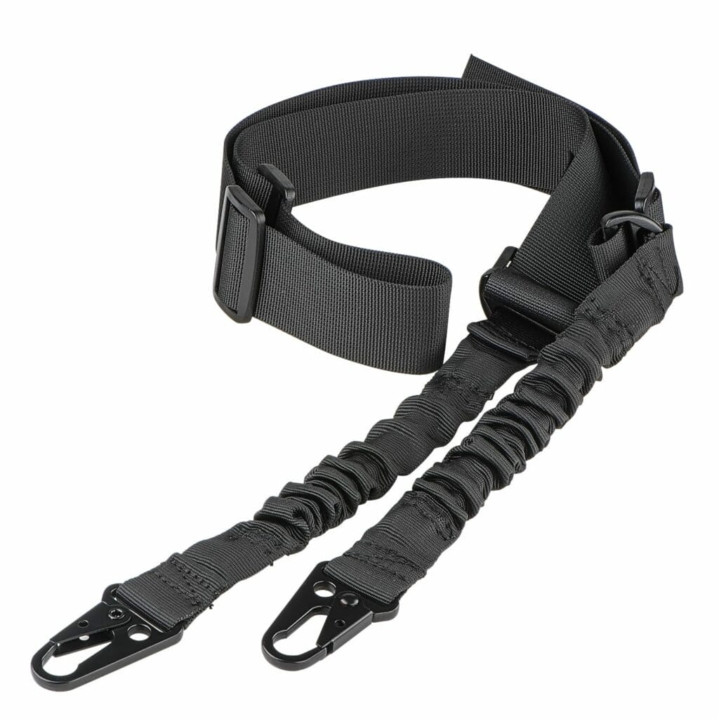 A black sling with two hooks on it designed for use with a CVLIFE gun sight.