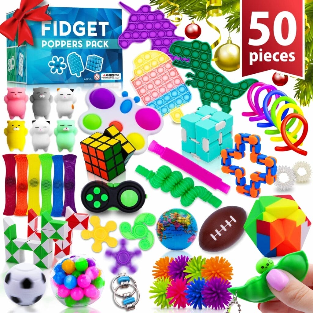 50 sensory toys with a christmas tree in the background.